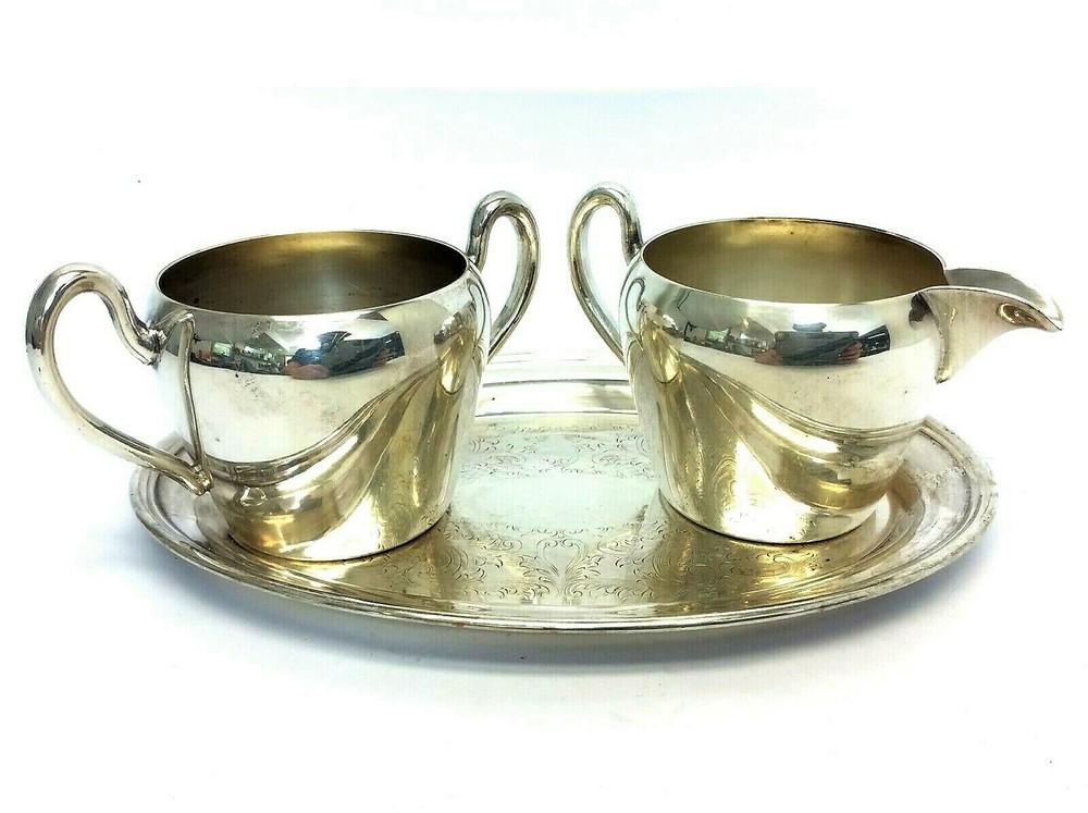 Vintage Set Used Academy Silver on Copper Silverplate Creamer Sugar Bowl