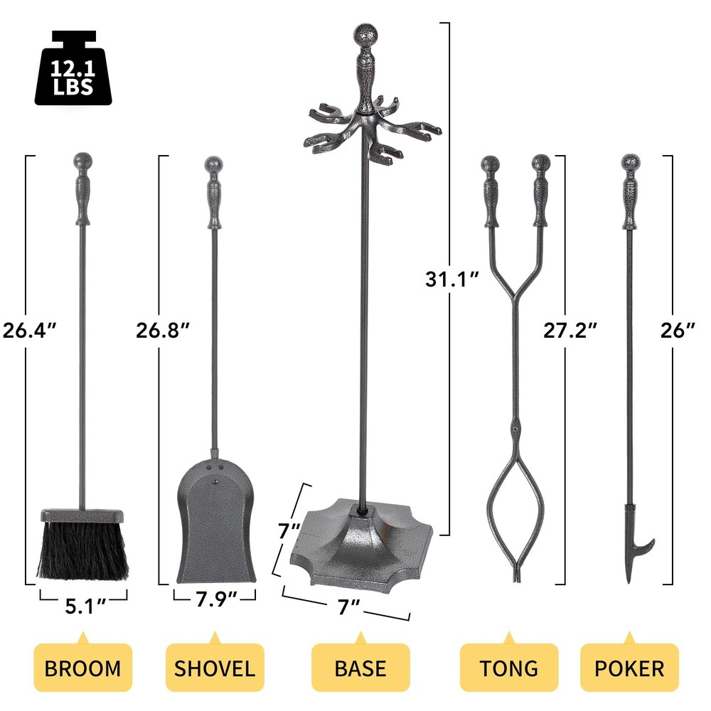 5 Pieces Fireplace Tools Set, Wrought Iron with Silver Pattern Fireplace Acce...