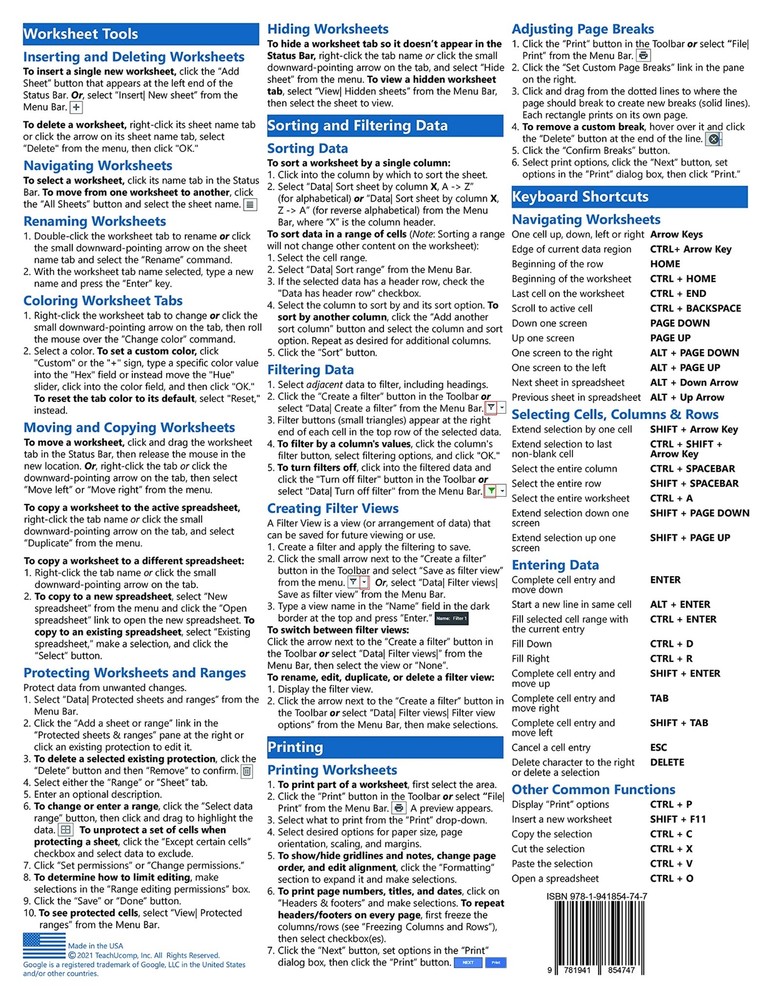Google Sheets Training Guide Quick Reference Card 4 Page Cheat Sheet Help