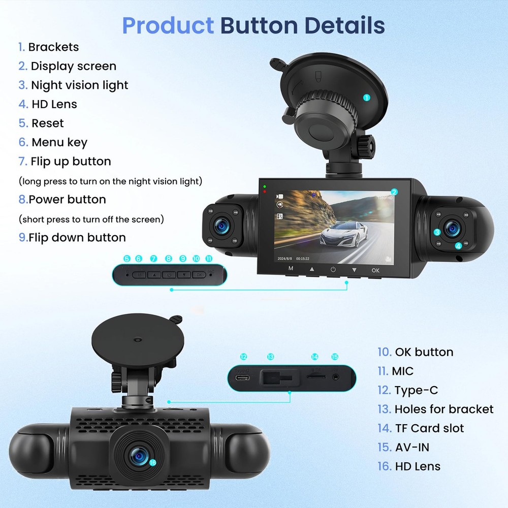 4 Channel Dash Cam 360° View, 1080P Front and Rear Inside, Left Right Dash Ca...