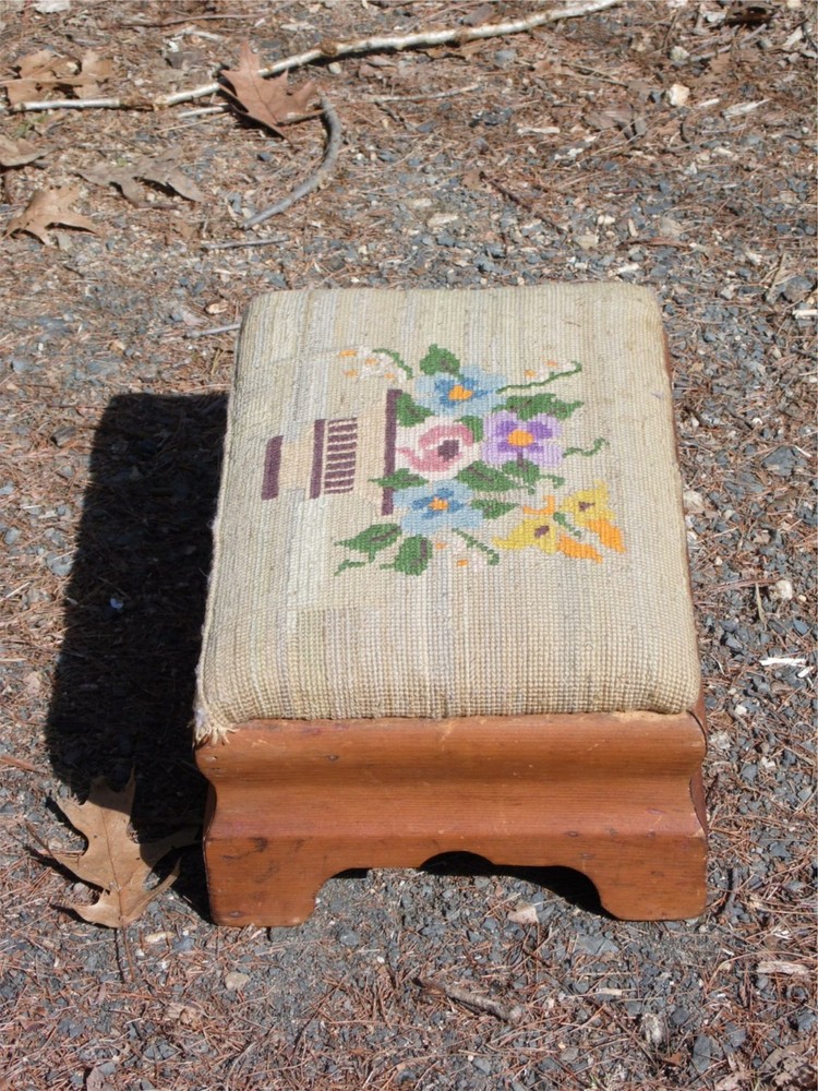 Antique Empire Style Needlepoint Footstool