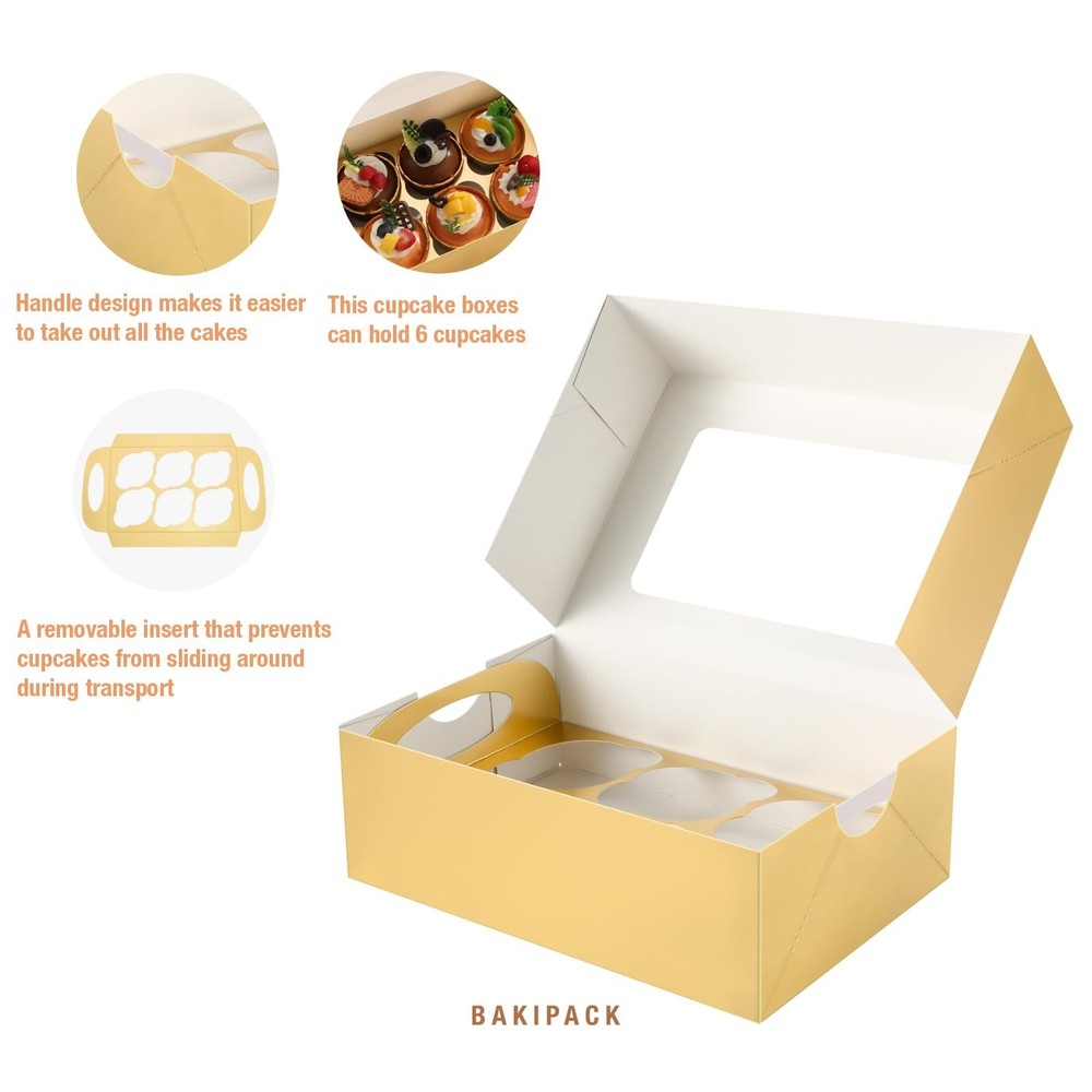 25 PCS Cupcake Boxes, Gold Cupcake Boxes 6 Count with Window and Inserts, Cup...