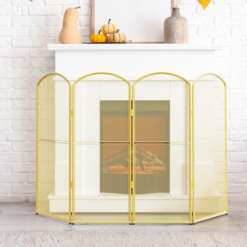 Fireplace Screen Stand Alone Gold Foldable Fireplace Gate 4 Panel Decorative