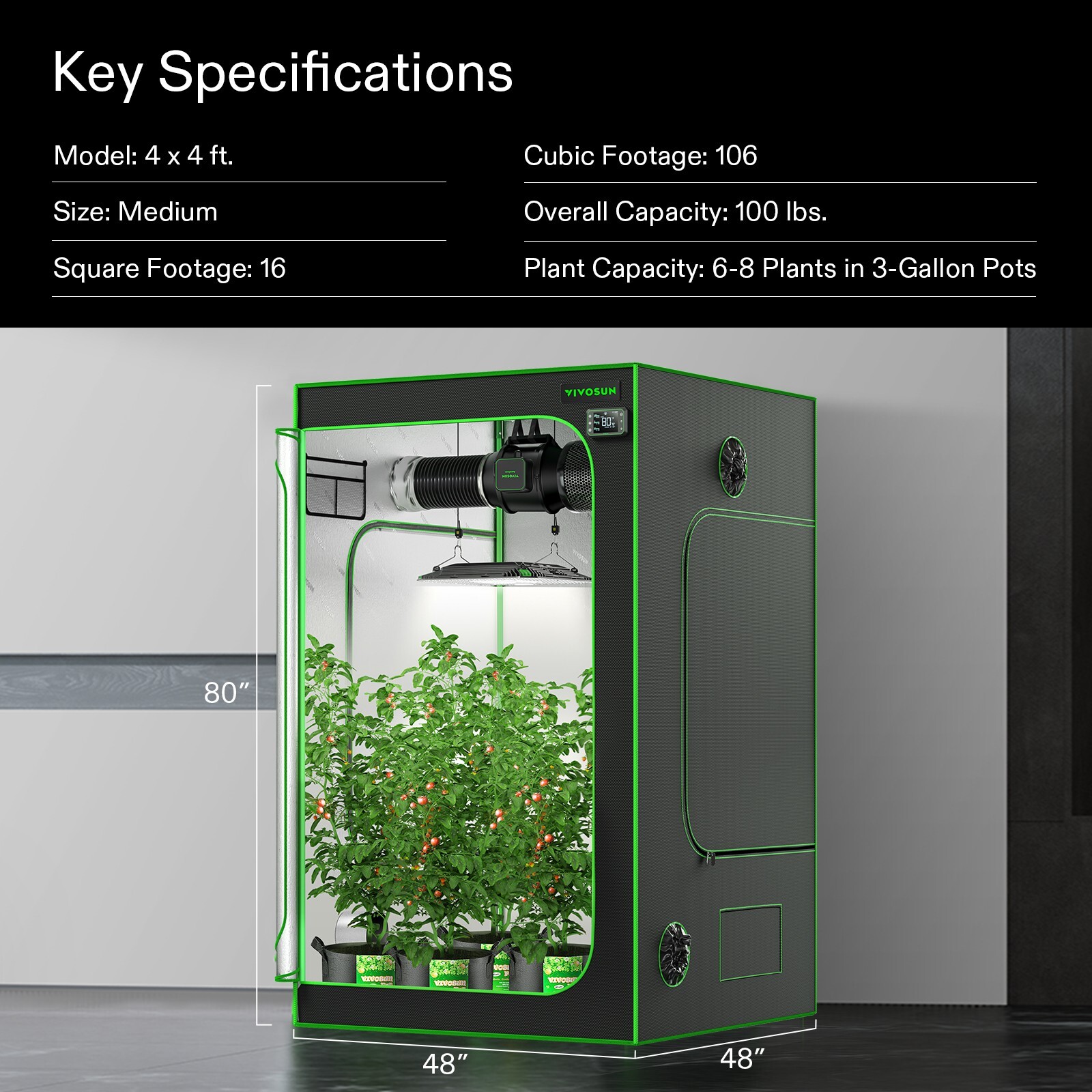 VIVOSUN 4x4 Indoor Hydroponic Grow Tent Non-Toxic 100% Reflective 48X48X80 inch