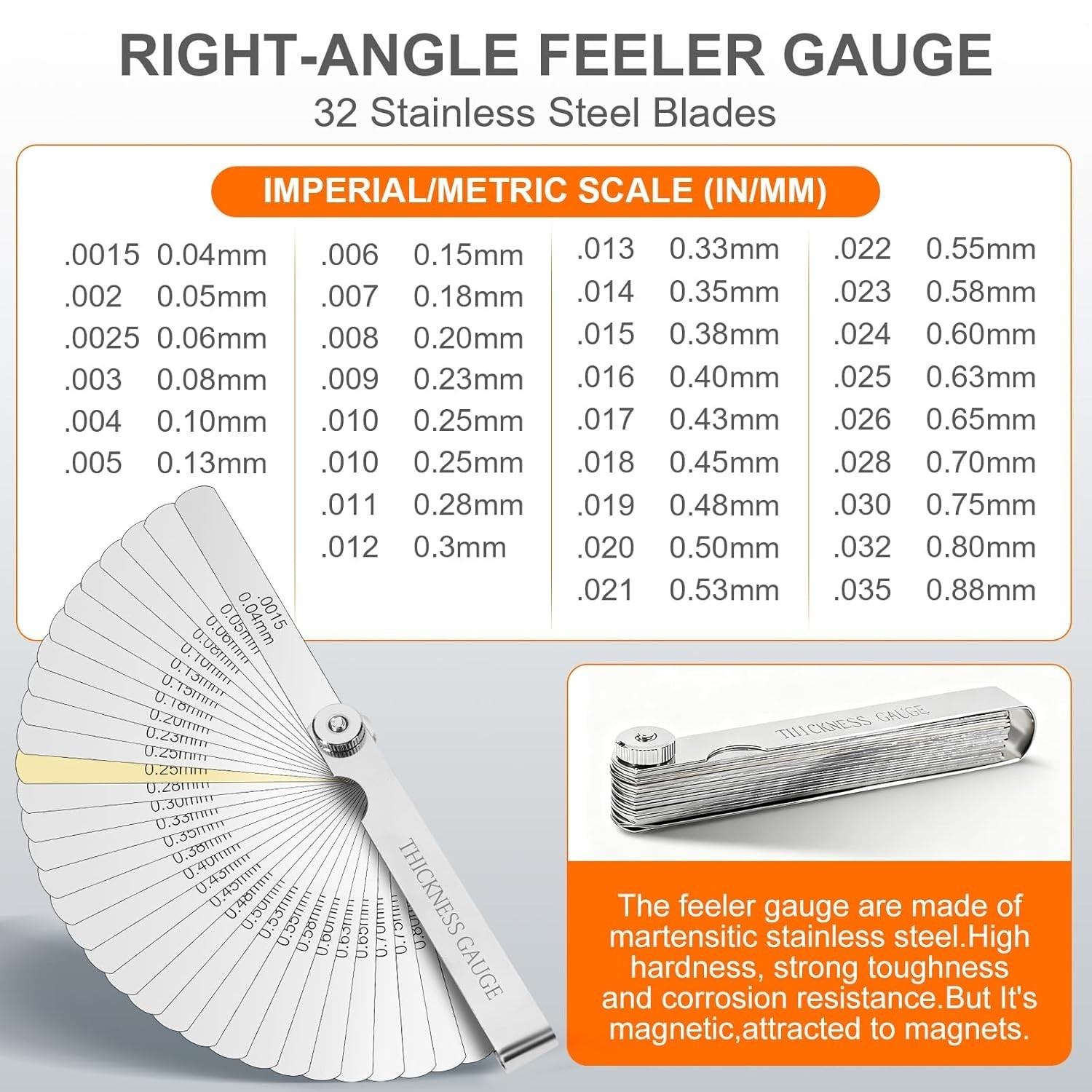 2Pcs Stainless Steel Feeler Gauge Set,32 Straight Blades Feeler Gauge16 Piece...