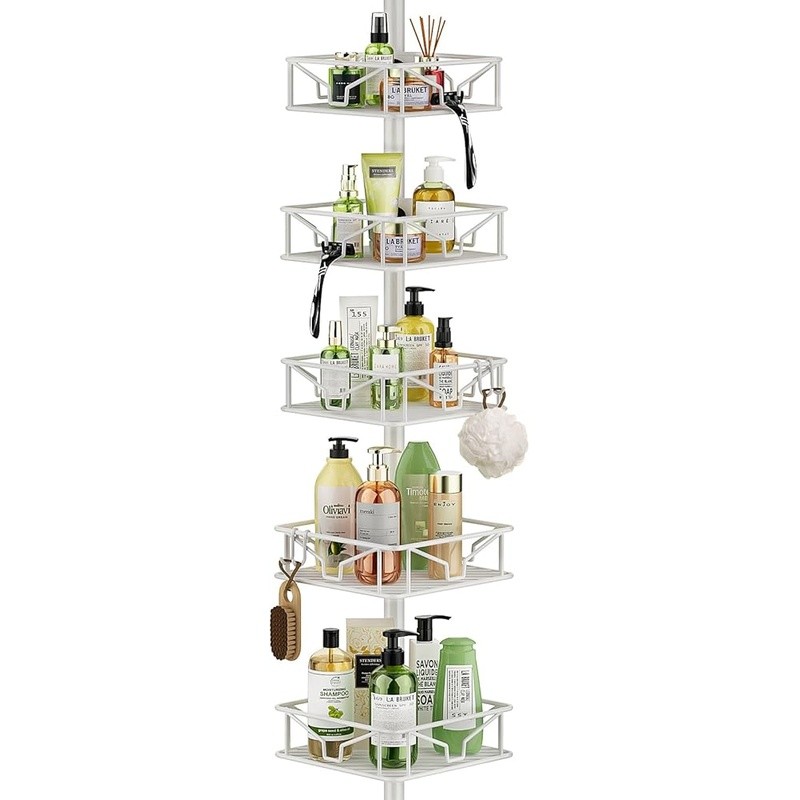 Height Adjustable Corner Tension Pole Shower Caddy 5 Tier Storage Rust Proof New