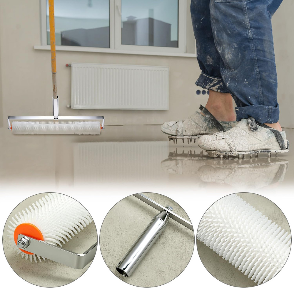 QWORK Self-Leveling Cement Tool Kit, 9" & 20" Spike Rollers with Scraper and Spi