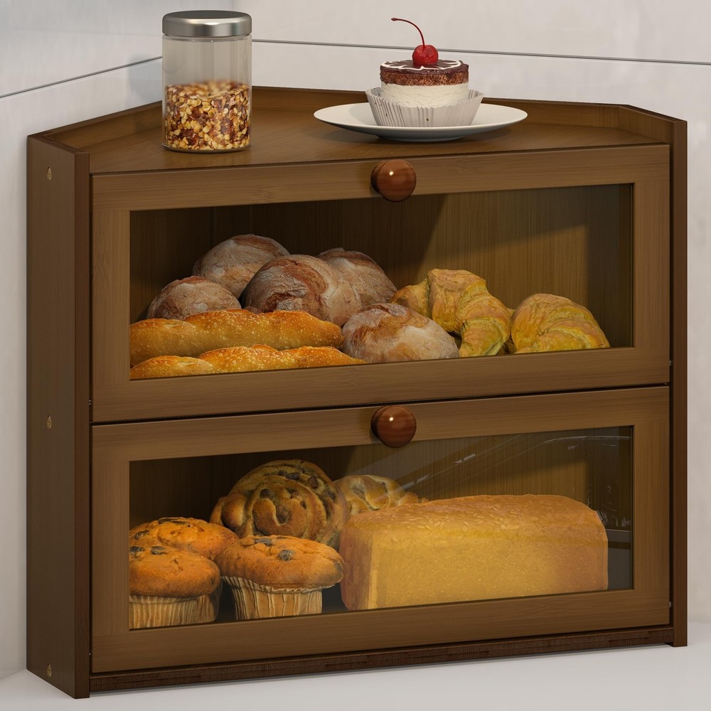 Corner Bread Box for Kitchen Countertop, Large Bread Container Storage Bamboo...