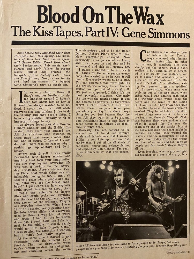 Gene Simmons, Kiss, Full Page Vintage Clipping
