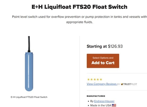 Endress + Hauser FTS20 Liquifloat, level switch float type, 20 m PVC cable