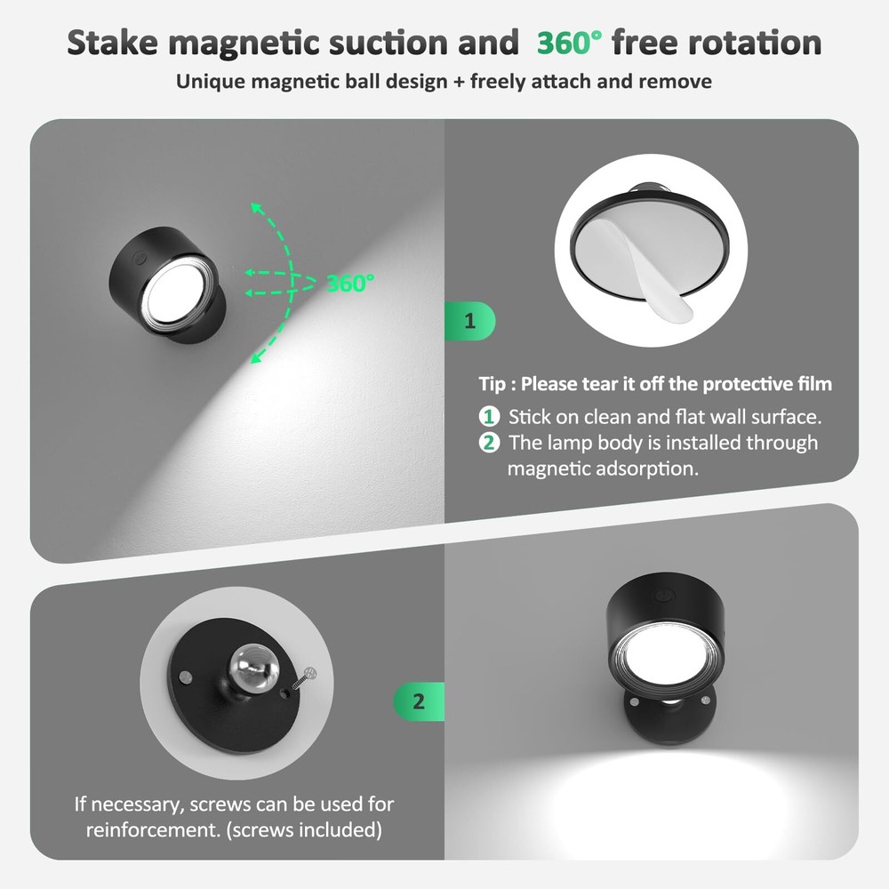 2 LED Wall Mounted Lights Rechargeable Remote Controlled 3 Color Temperatures