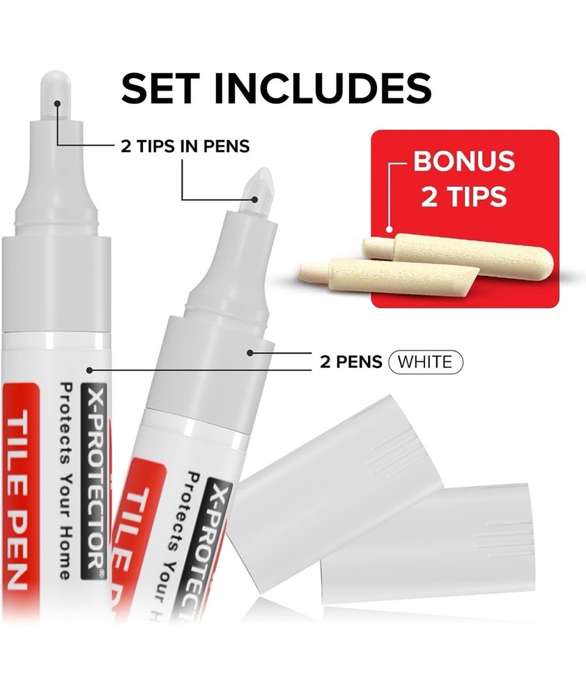 X-Protector Water Based Tile Grout Pens 2 Tubes & 4 Tips Kitchen Bathroom New
