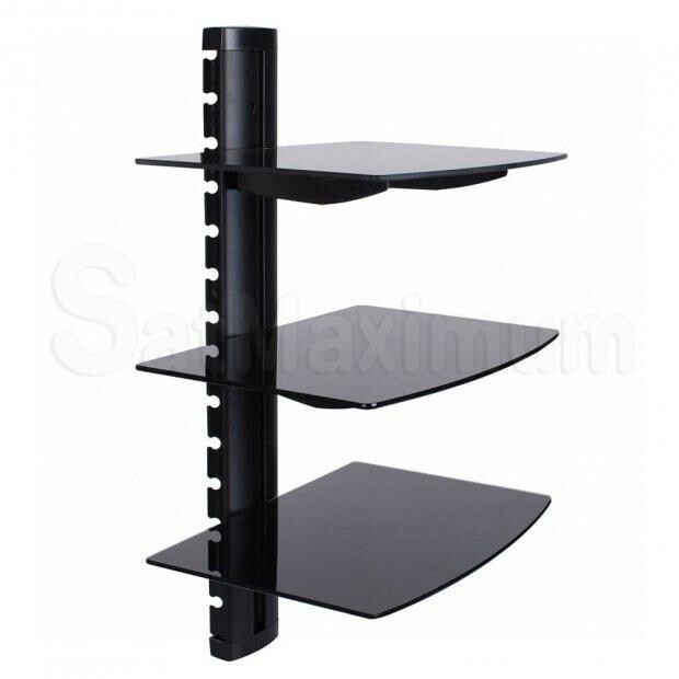 Adjustable Triple AV Wall Mount Shelf with Cable Management , Tempered Glass