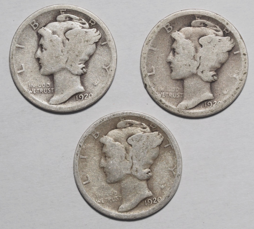 Three 1920 Mercury Dimes -- 90% Silver