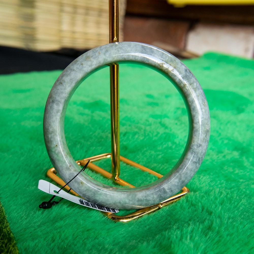58mm Burmese Jadeite Bangle • Green & White Jade Prosperity Amulet