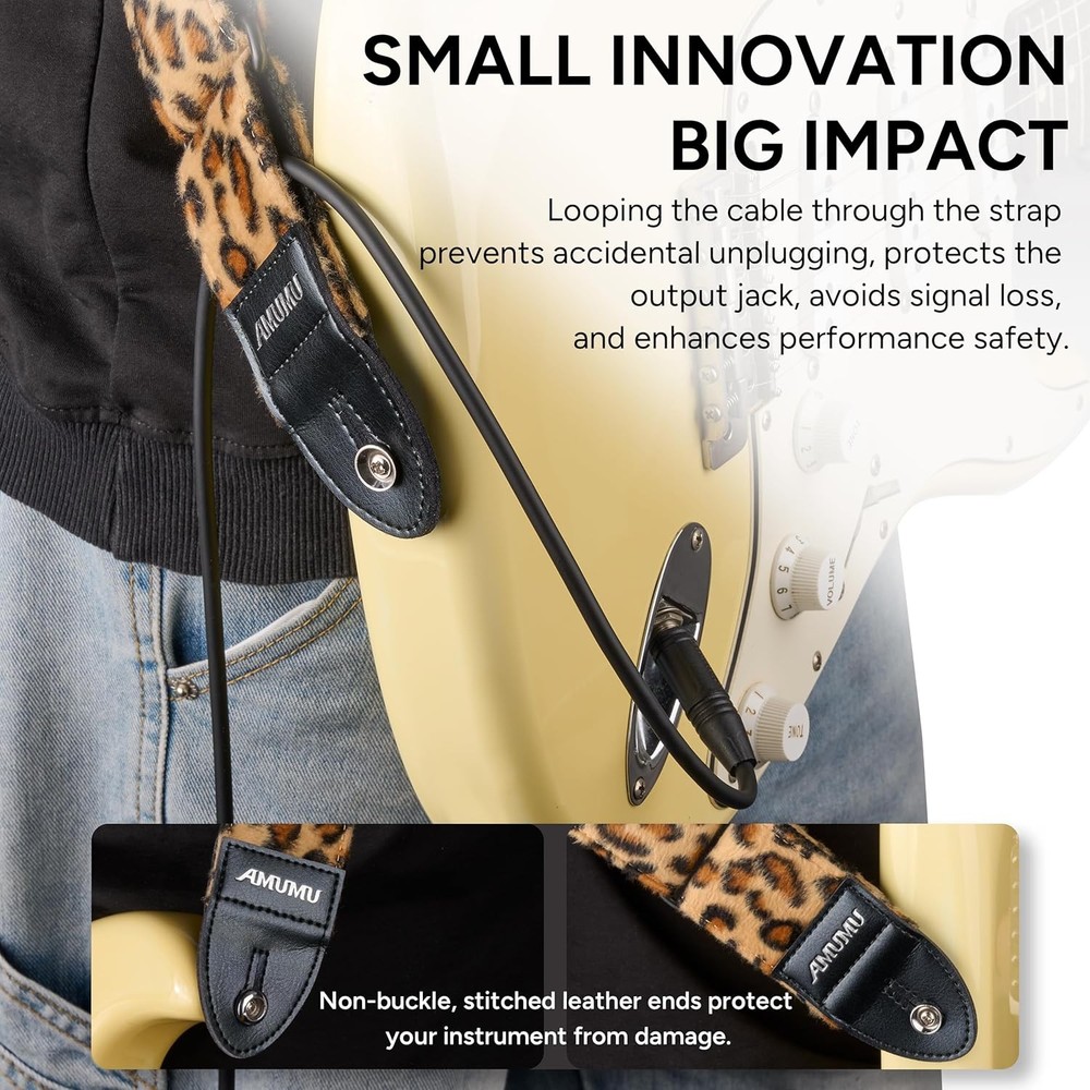 Leopard Flocked Velvet Guitar Strap with Microfiber Leather Ends