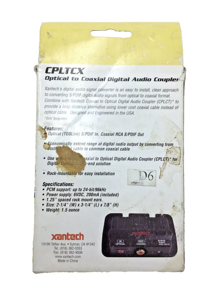 XANTECH CPLTCX Optical-To-Coaxial Digital Audio Coupler