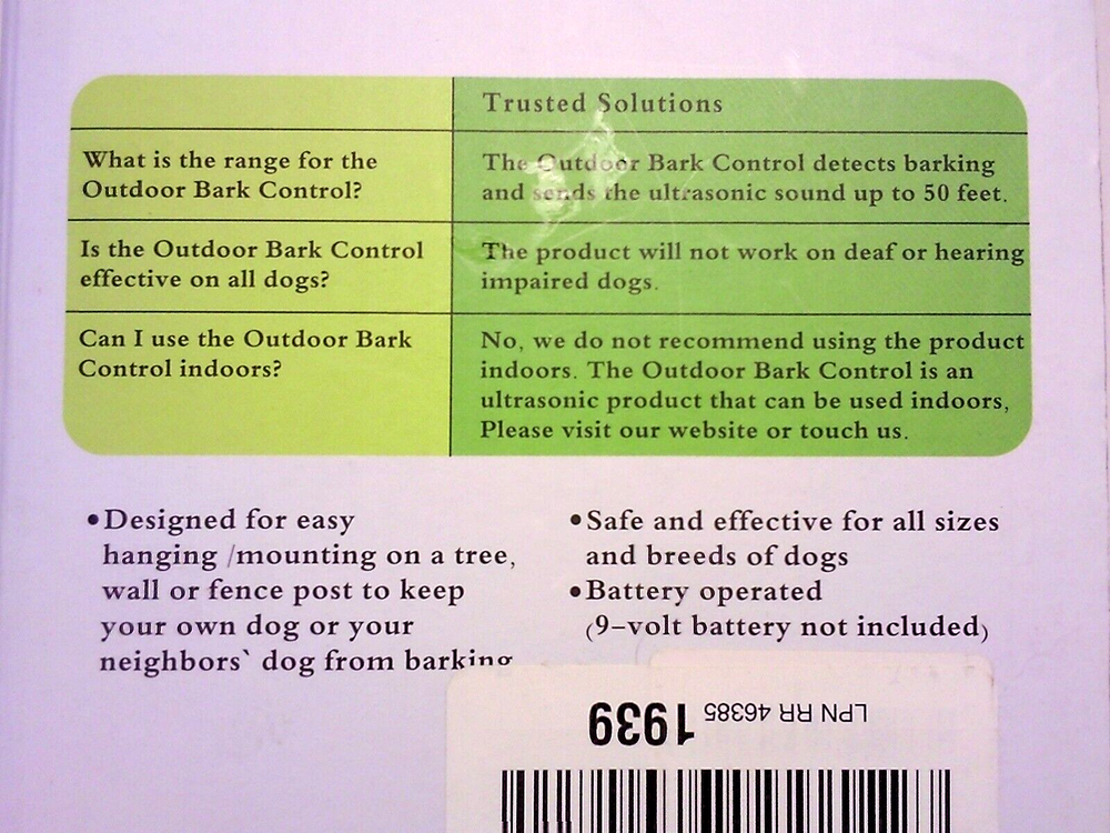 OUTDOOR BARK CONTROL Ultrasonic correction deterrent device