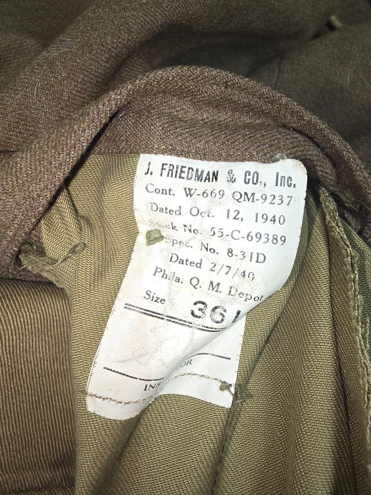WWII US Army Jacket and Pants Set Dated 1940