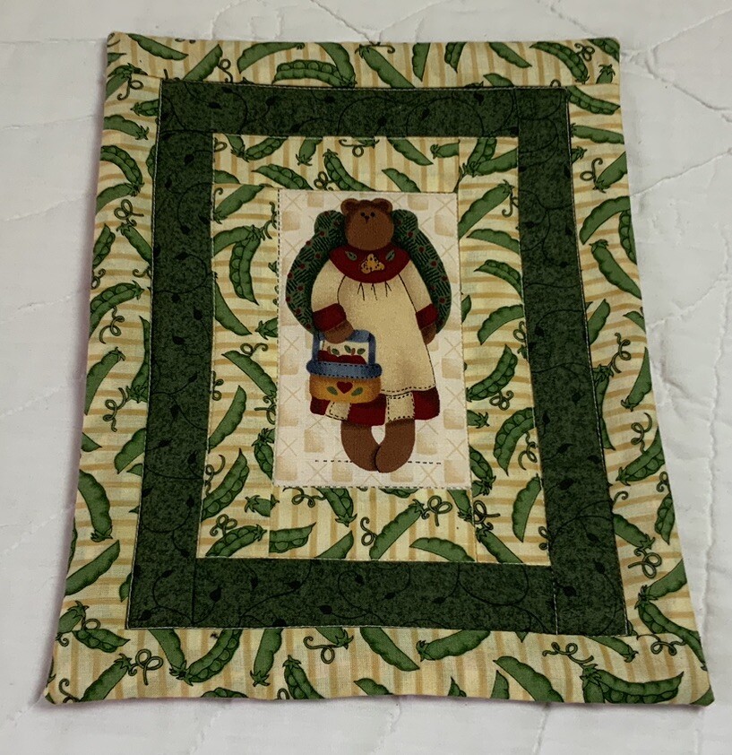 Small Patchwork Quilt Wall Hanging, Country, Rectangles, Bear In Center