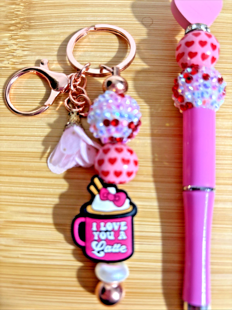 HAND MADE BEAD PEN AND BEAD KEY CHAIN - valentines