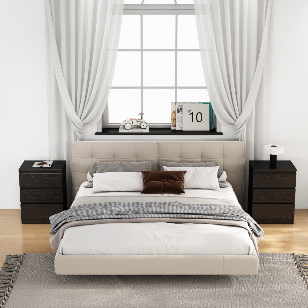 Modern Black Nightstand with 3 Drawers, Handle-Free Bedroom Dresser