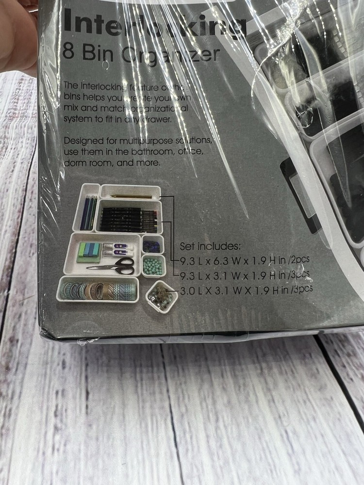 Interlocking 8 Bin Organizer - Durable Plastic - Interlocking Feature - White