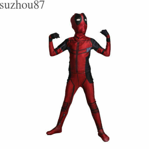 USA Kids Deadpool Halloween Cosplay Costume Jumpsuit Zentai Bodysuit Accessories