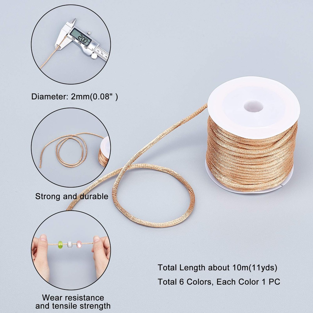 PH PandaHall 2mm Nylon String Satin Silk Cords 6 Color 2mm, 6 Basic