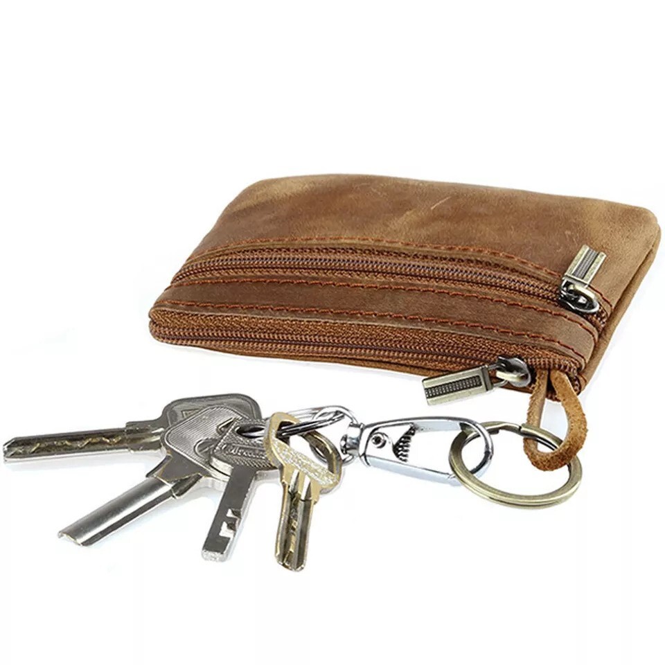 Brown Genuine Leather Small Coin Holder Change Purse Zipper Key Card Wallet