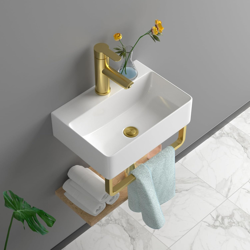 Modern 14" Wall-Mounted Rectangular Vessel Sink with Gold Faucet & Drain Combo