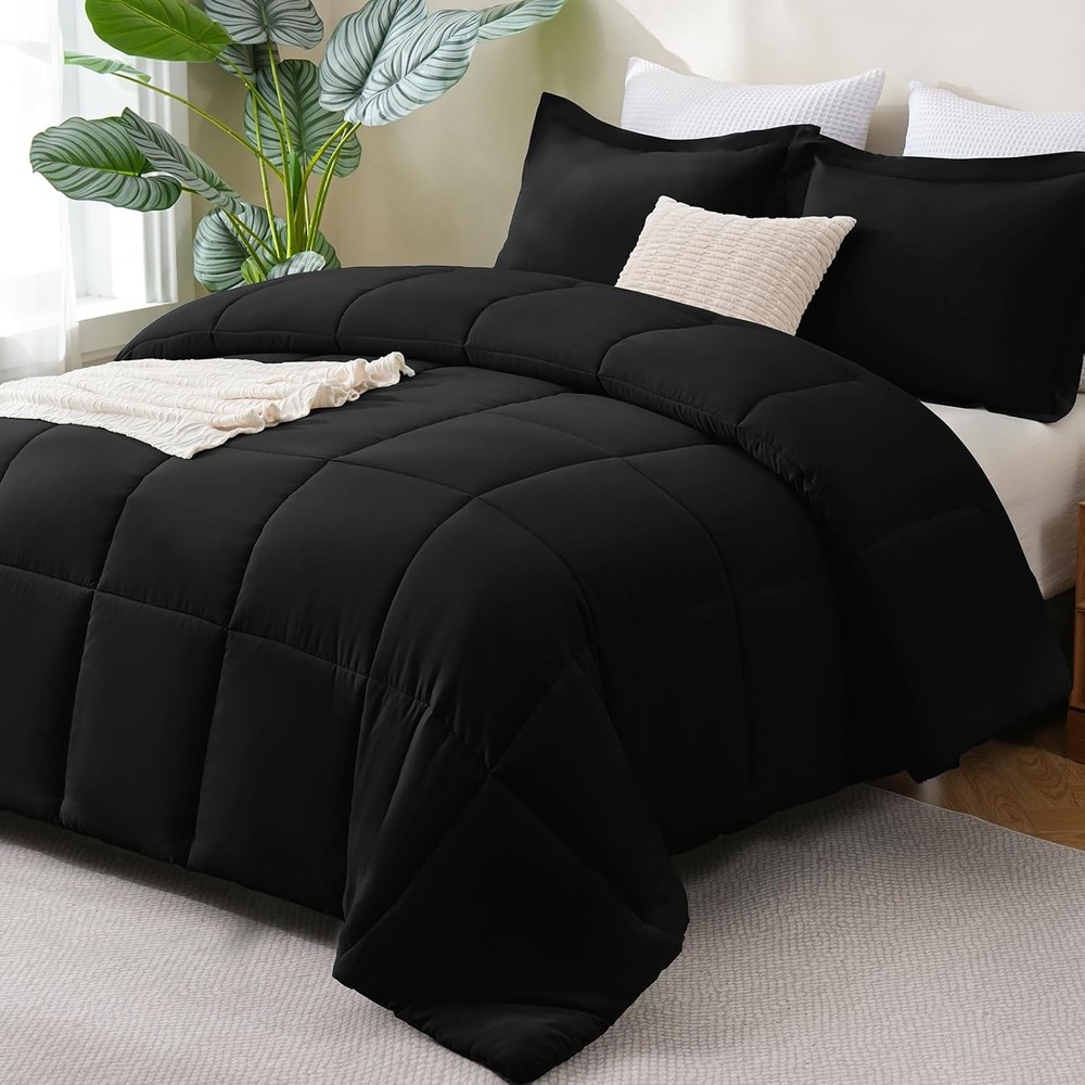 Luxury Queen Size Down Comforter Set (Black) - 3-Piece Box-Quilted Down