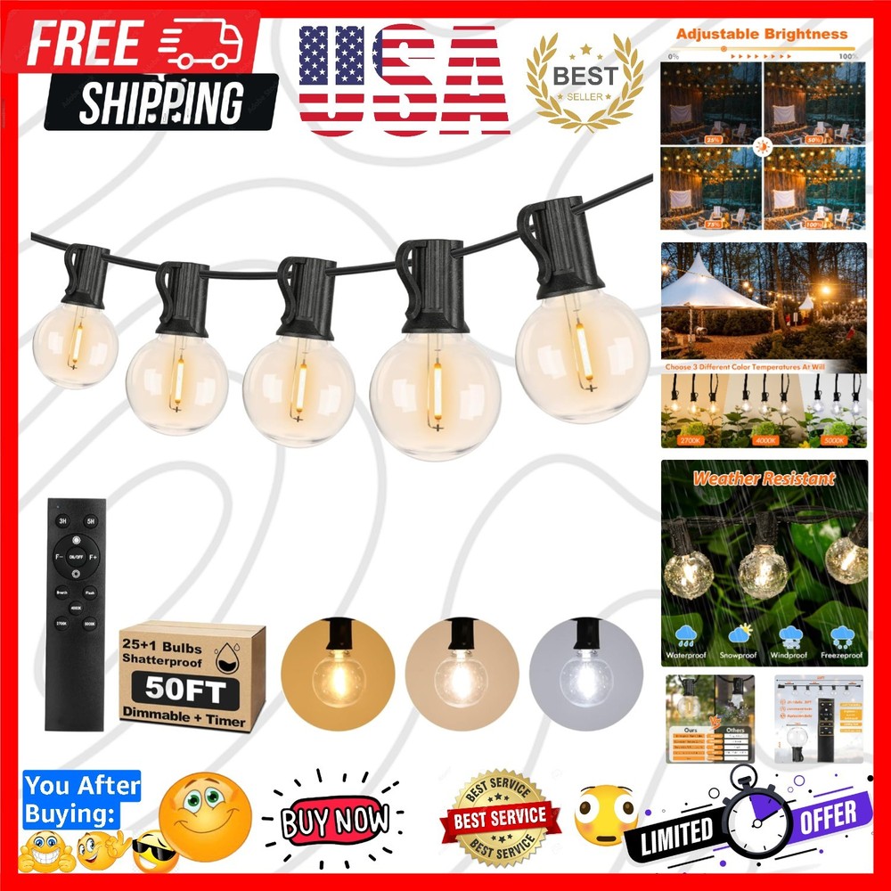 50FT Outdoor String Lights with 3 Color Lights, Dimmable G40 Globe String Lig...