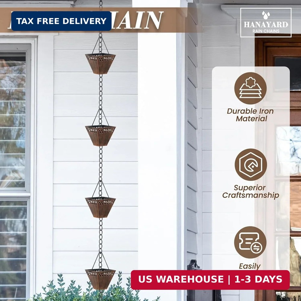 Square Rain Chain Gutter Downspout Copper Rain Chains for Gutters with 12 Cups