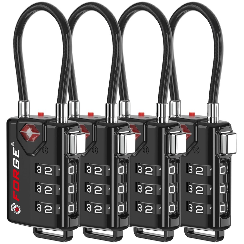 TSA Approved Cable Luggage Locks, Re-settable Combination Small, Black 4 Pack