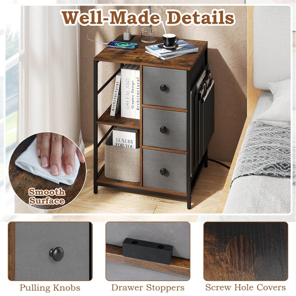 2PCS Nightstand 3-Tier Storage End Table Bedside Table w/Charging Station &