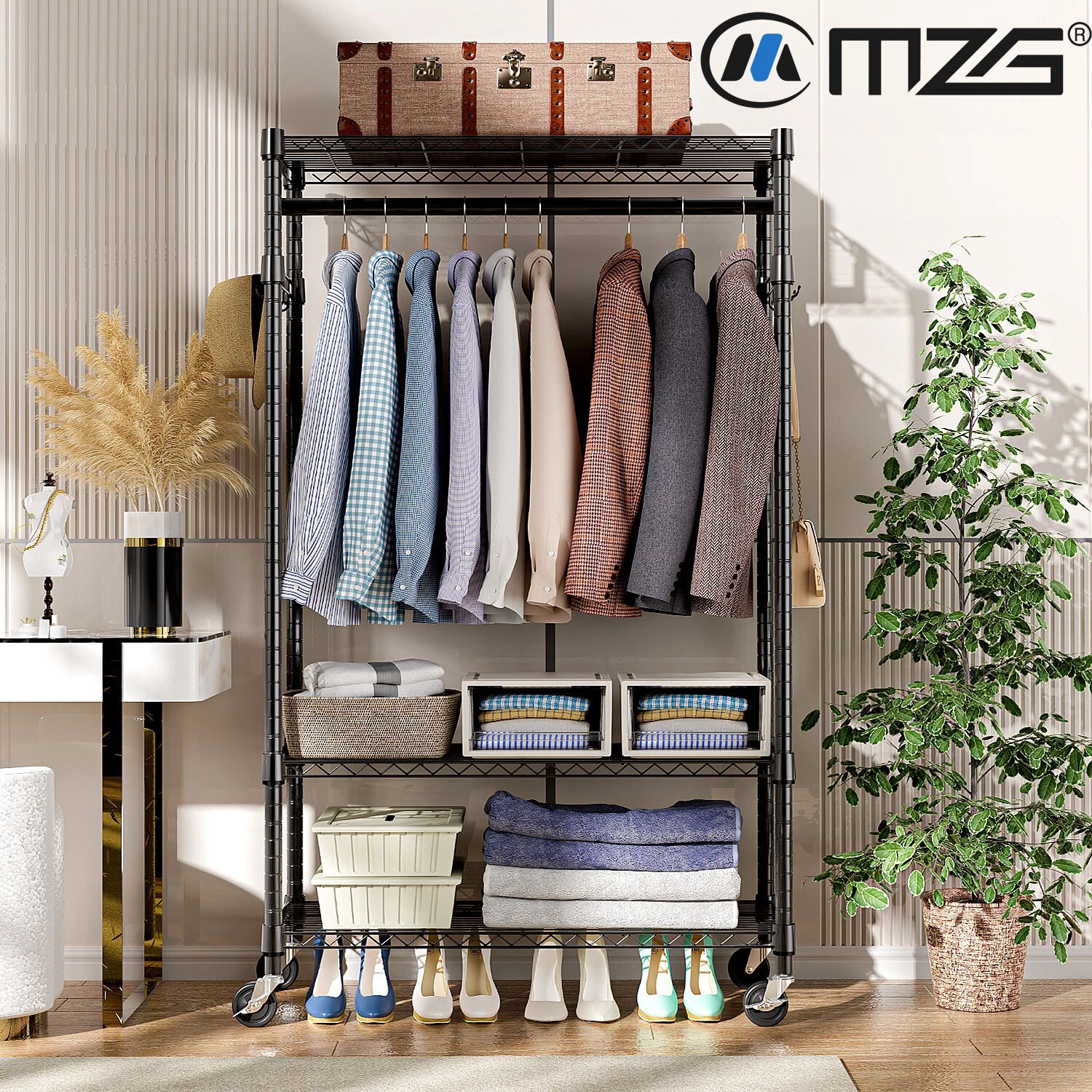 75 in Garment Rack Storage Closet Clothing on Wheels Hanging Clothes Heavy Duty