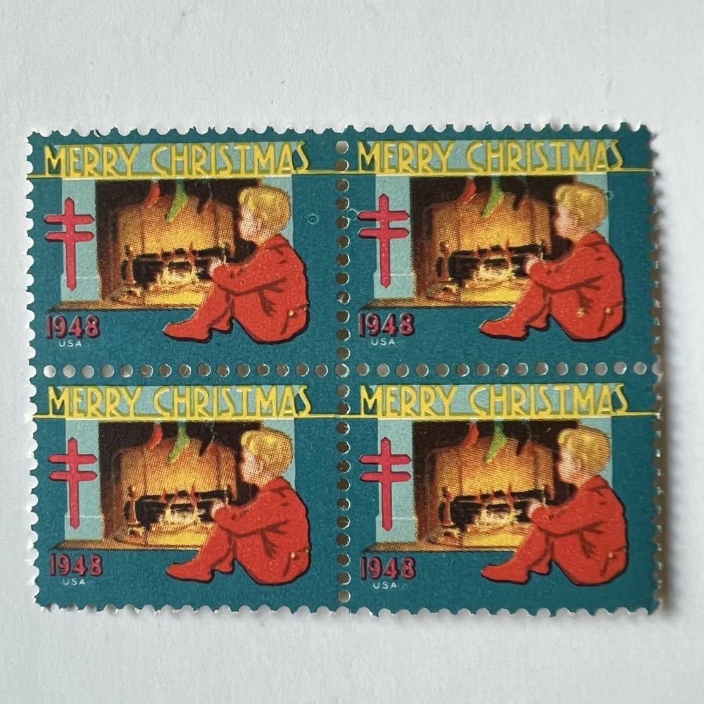 ERROR 1948 CHRISTMAS SEAL BLOCK WITH MULTIPLE CIRCULAR MARKINGS MNH