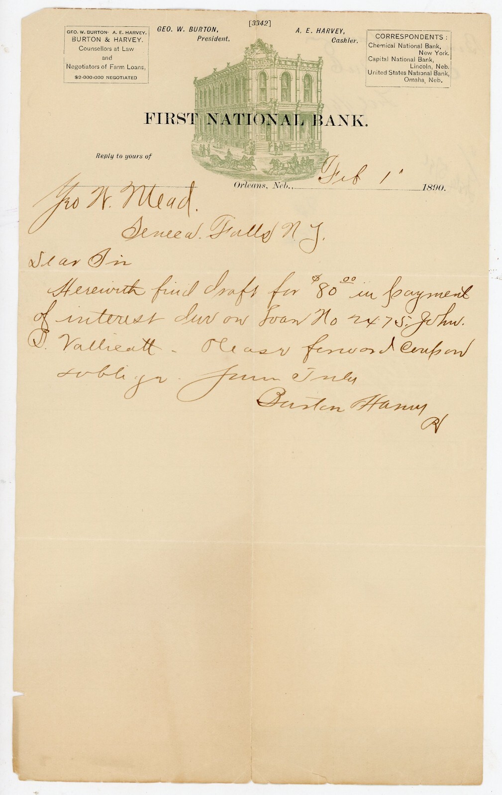 1890 First National Bank Orleans NE Letter Burton Harvey Signed Interest Payment
