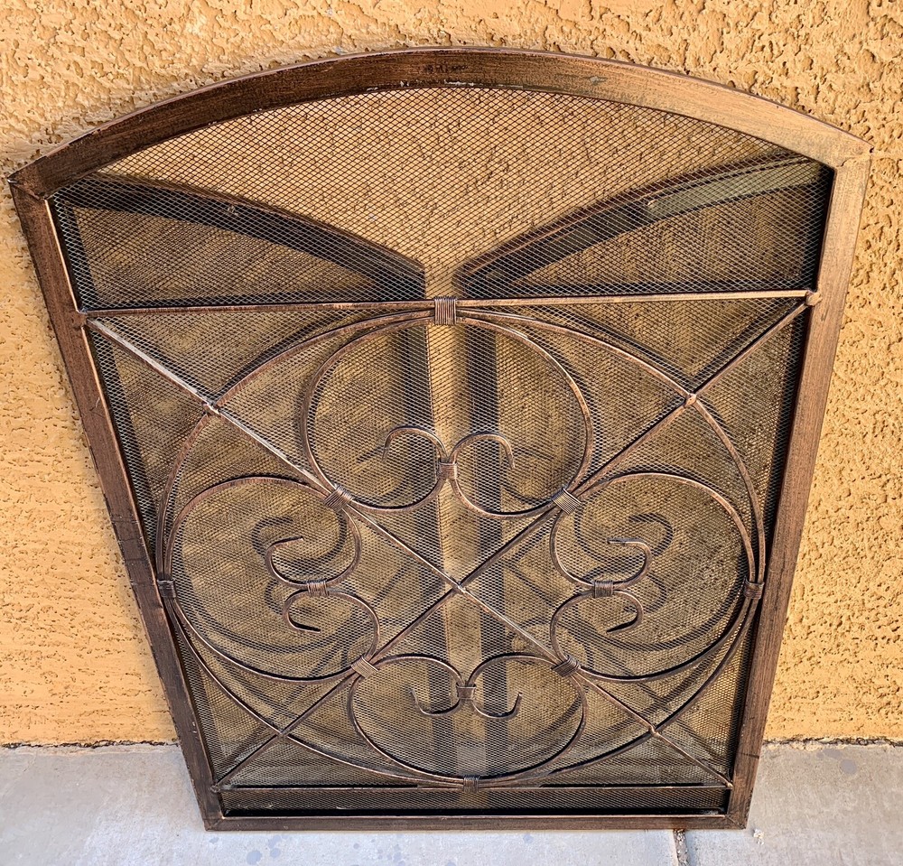 Copper Finish Fireplace Screen 3 Panel Mesh Folding Wrought Iron Arch Scrollwork