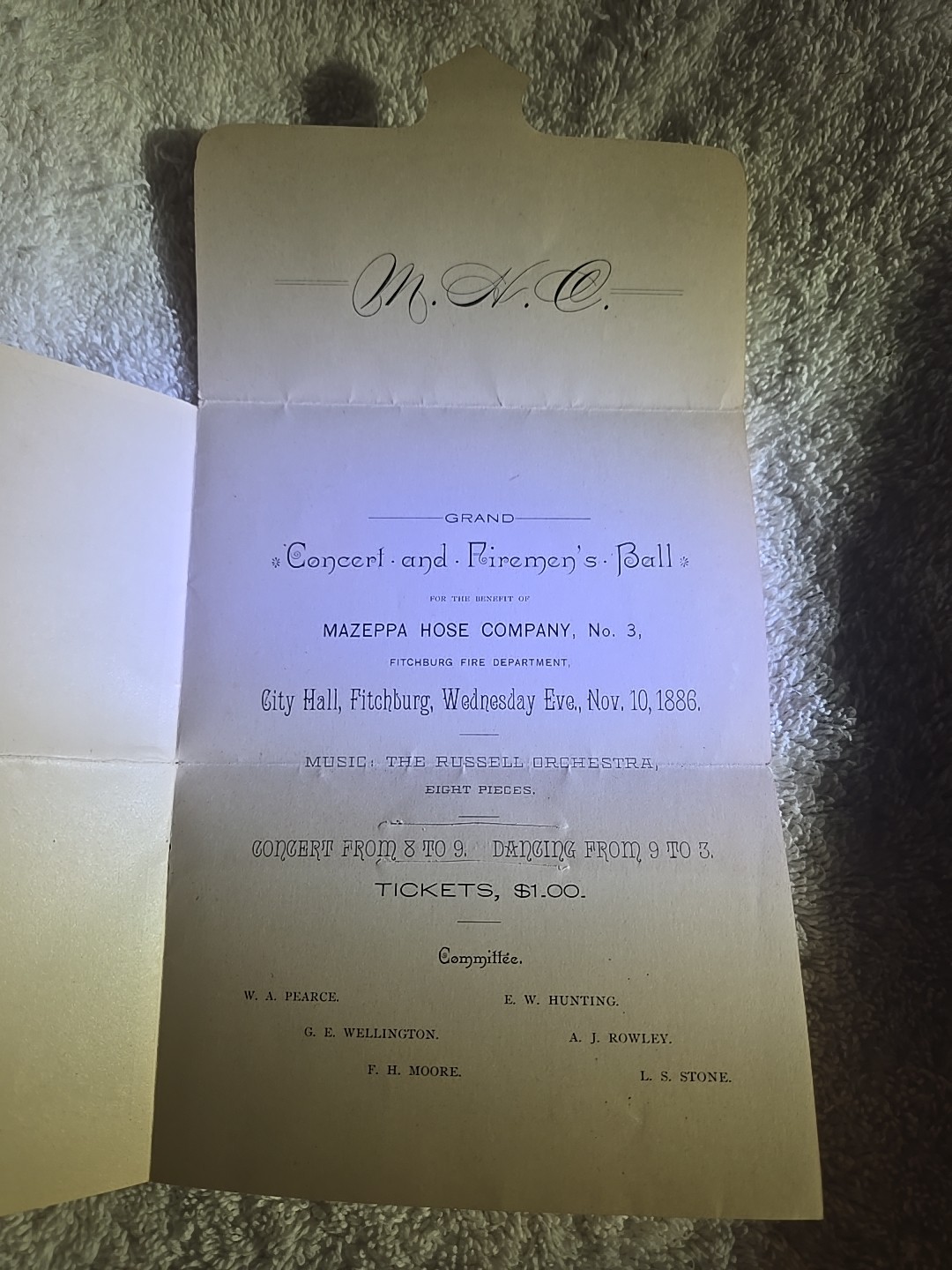 Antique Grand Fireman's Ball Invitation MAZEPPA HOSE COMPANY 3 FITCHBURG,MASS.