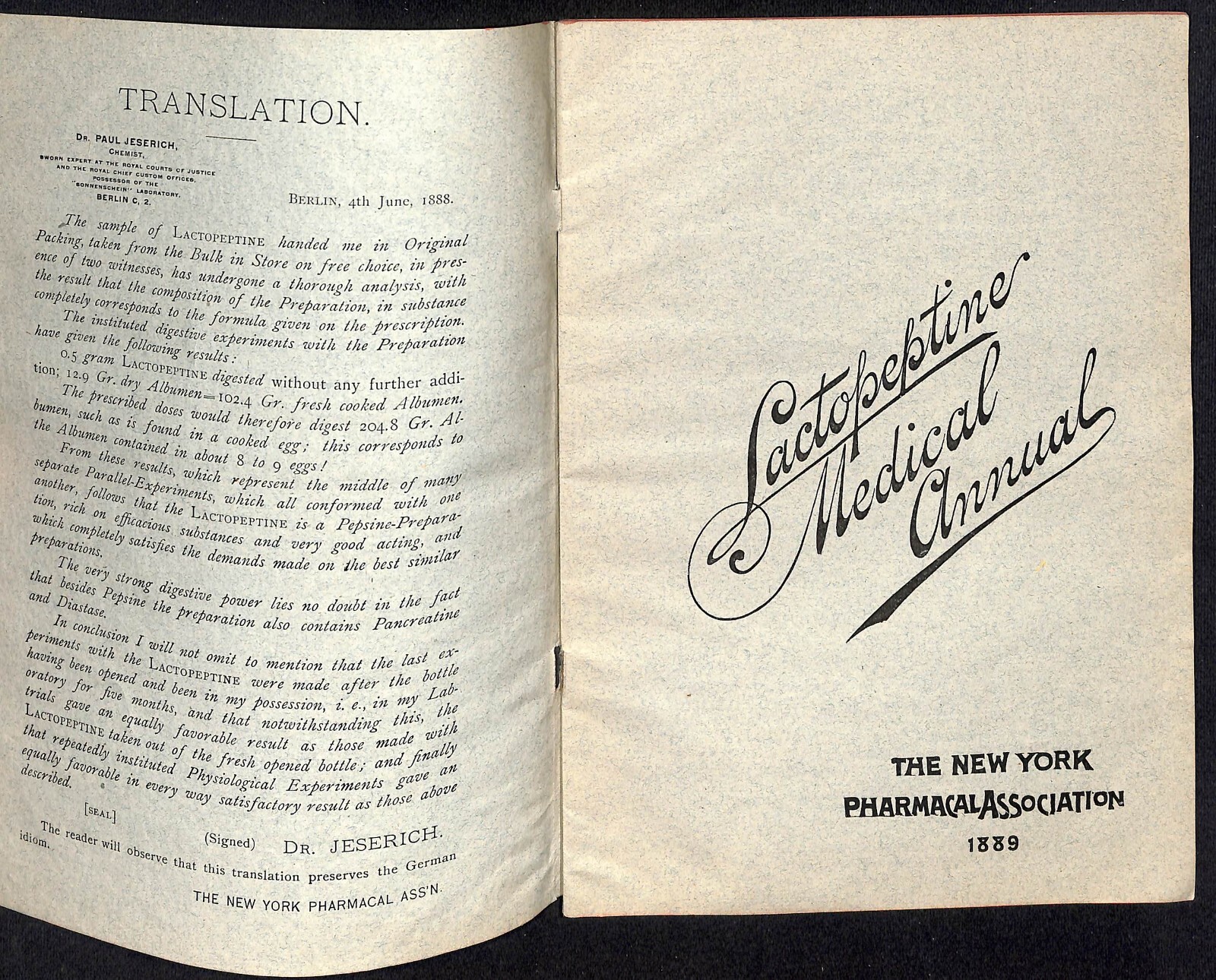 New York Pharmacal Association "Lactopeptine Medical Annual" 1889 32pp Scarce