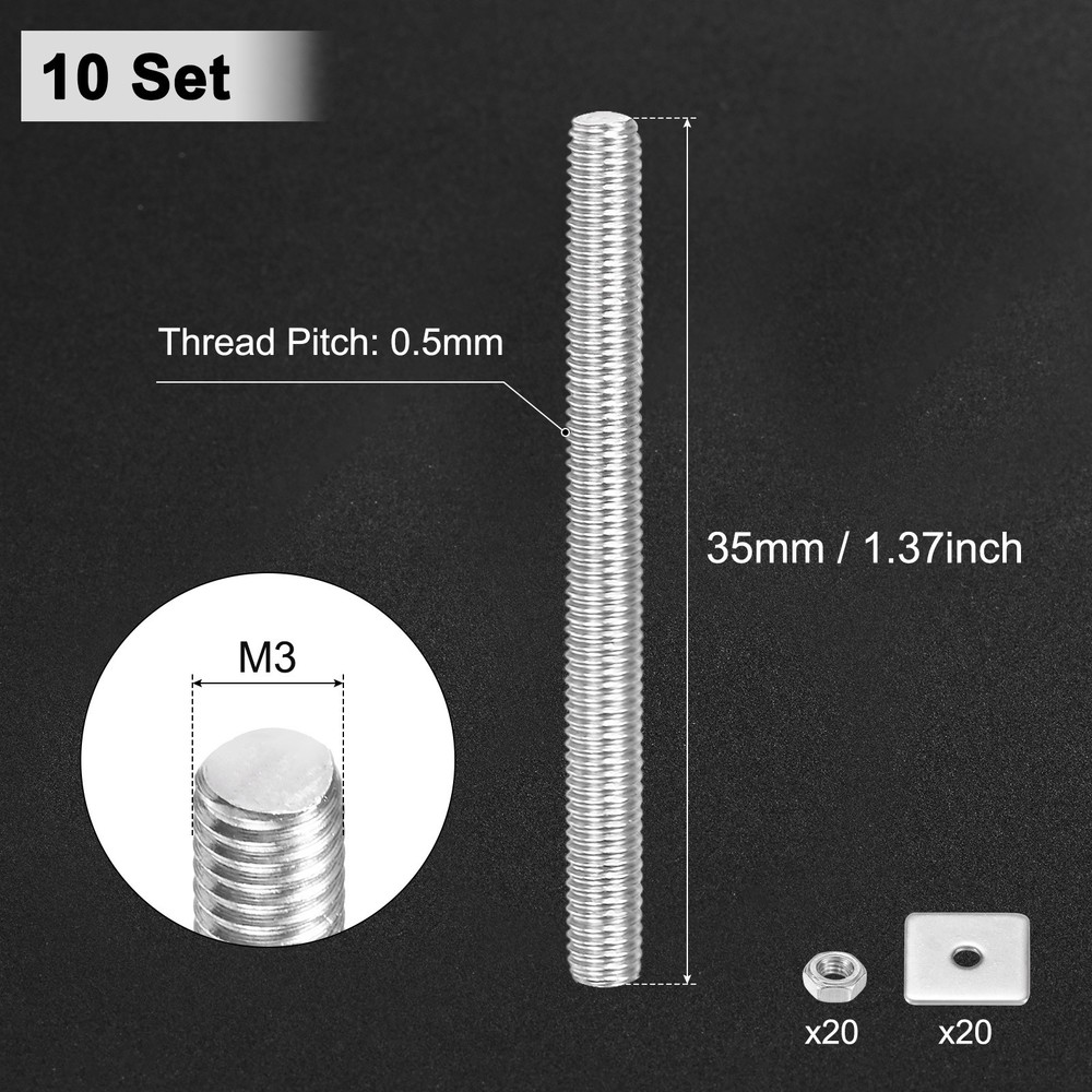 10-Set Fully Threaded Rod, M3x35mm Right Hand Thread Bar Studs with Nuts