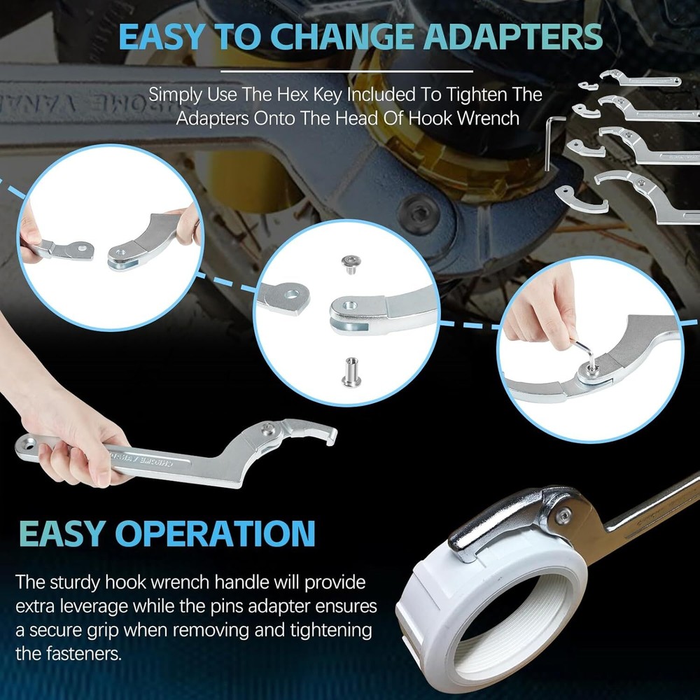 Adjustable Pin Spanner Wrench Tool Set, Coilover Hook Wrench w/ Changeable Heads