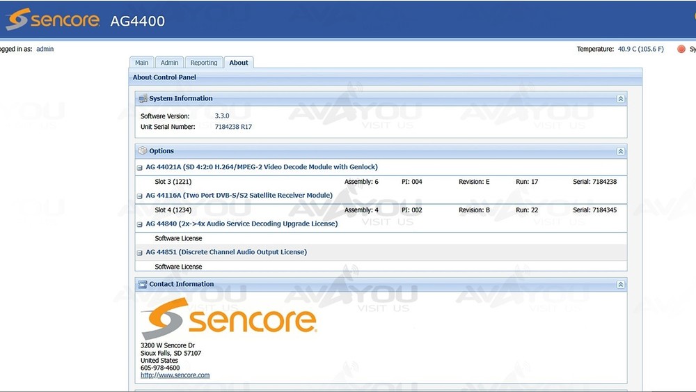 Sencore openGear AG4400 Receiver Decoder SD 4:2:0 H.264 MPEG DVB-S S2 Audio