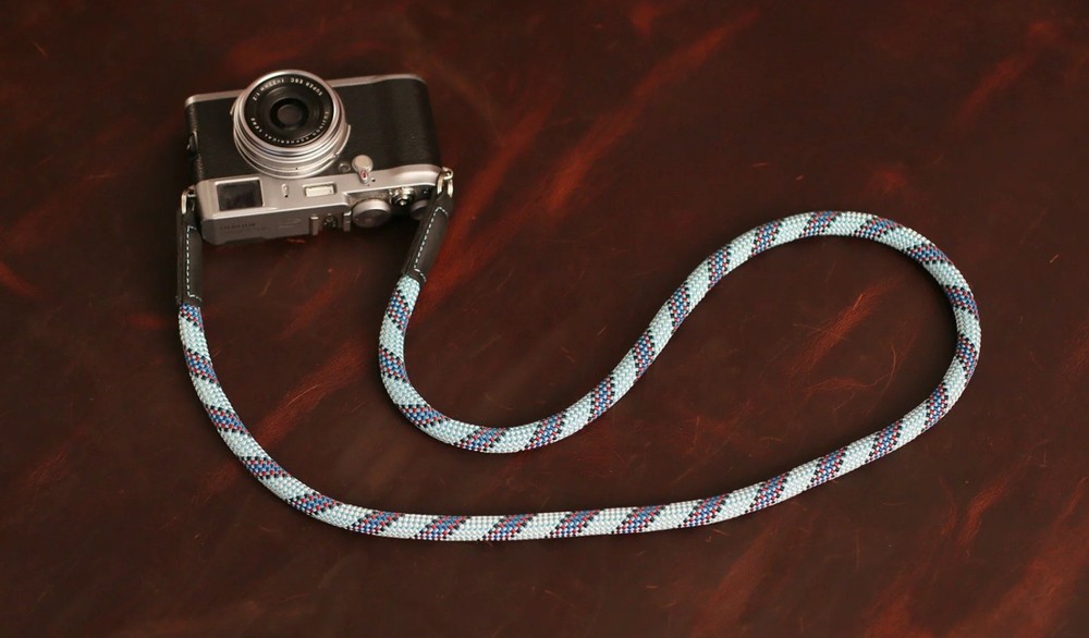Windmup Blue Pattern Rope Camera Strap – Handmade Climbing Rope & Black Leather