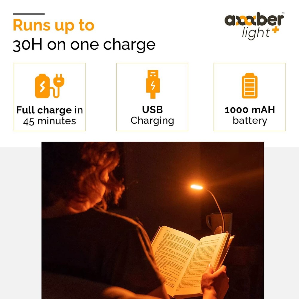 Amber Reading Light + Red Light. Giftable Blue Light Blocking Book Light for Rea