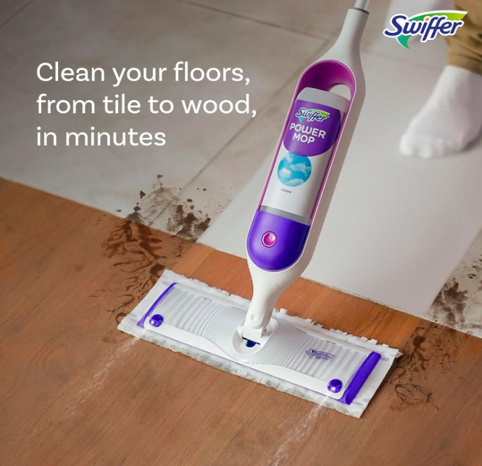 Swiffer PowerMop Kit – Includes Mop, 2 Pads, Cleaning Solution & Batteries