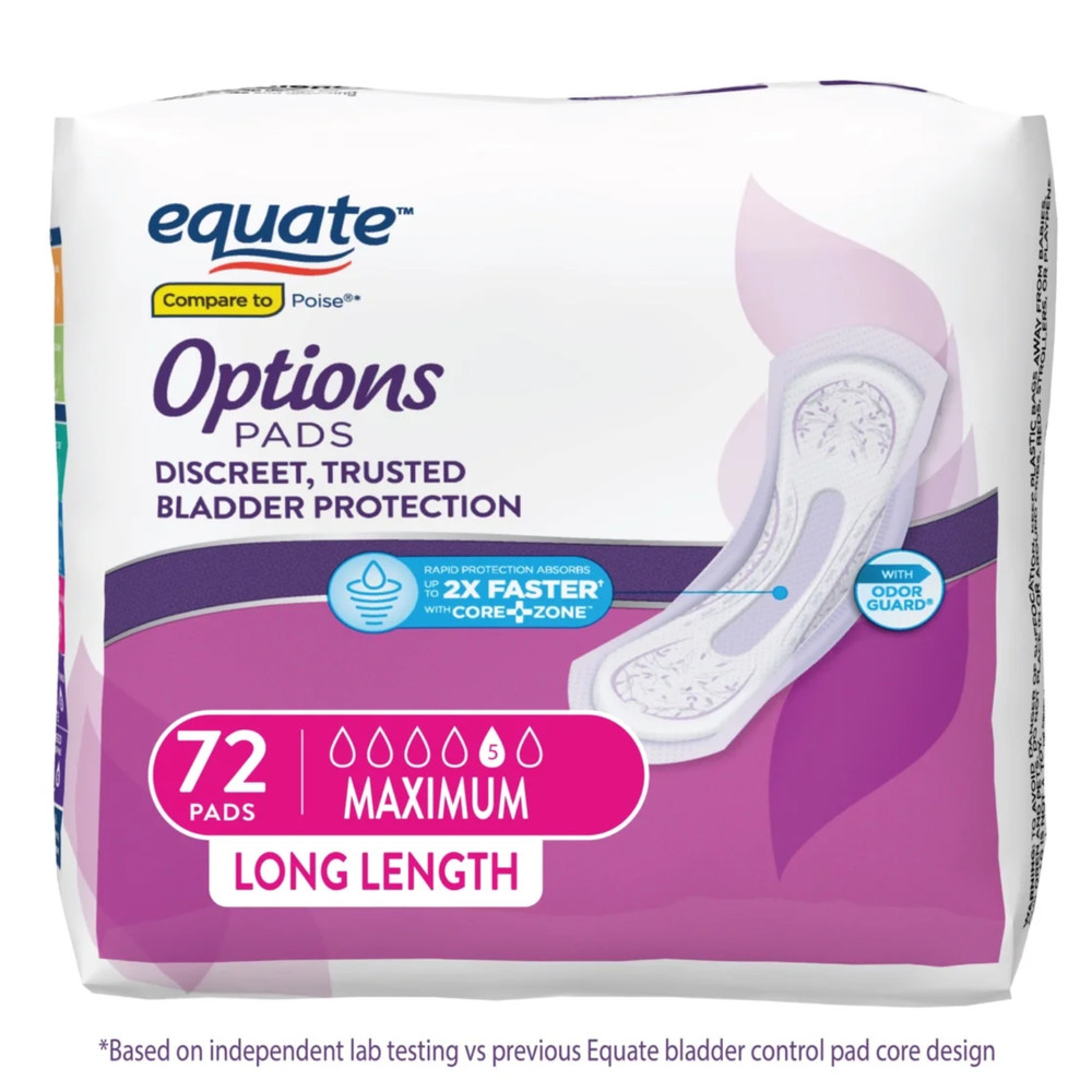 Options Women's Incontinence Pads Extra Coverage, Maximum, Long Length, 72 Count