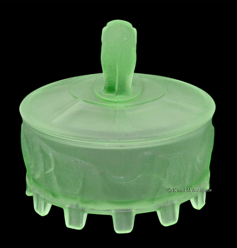 L. E. Smith Elephant Carousel Green Satin Powder Jar